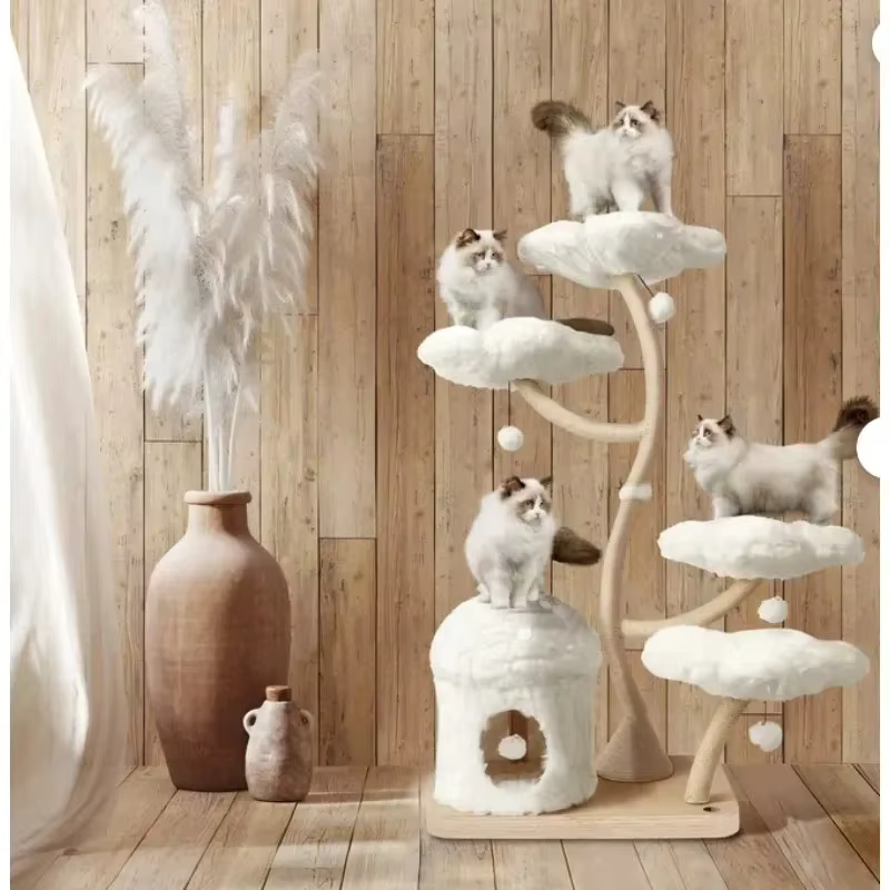 Árbol de gato moderno de madera con diseño floral, torre multi-plataforma y refugio acogedor, estructura de escalada lujosa para mascotas, poste de rascado — imagen 2