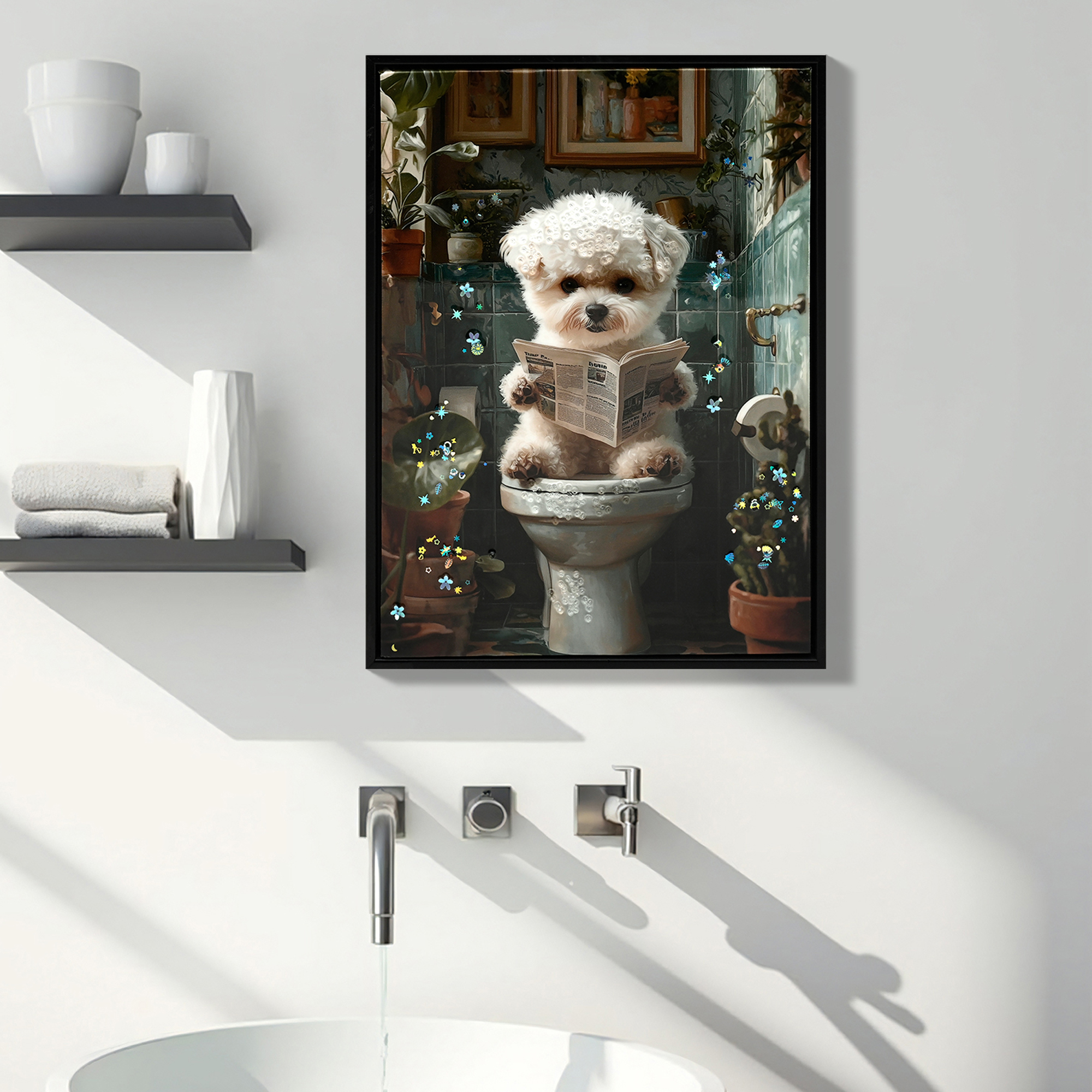 Decoración de Baño en Marco, Arte de Perro Adorable en Cuadro, Signos Divertidos para Paredes de Baño, Impresión 3D de Lona Listo para Colgar — imagen 1