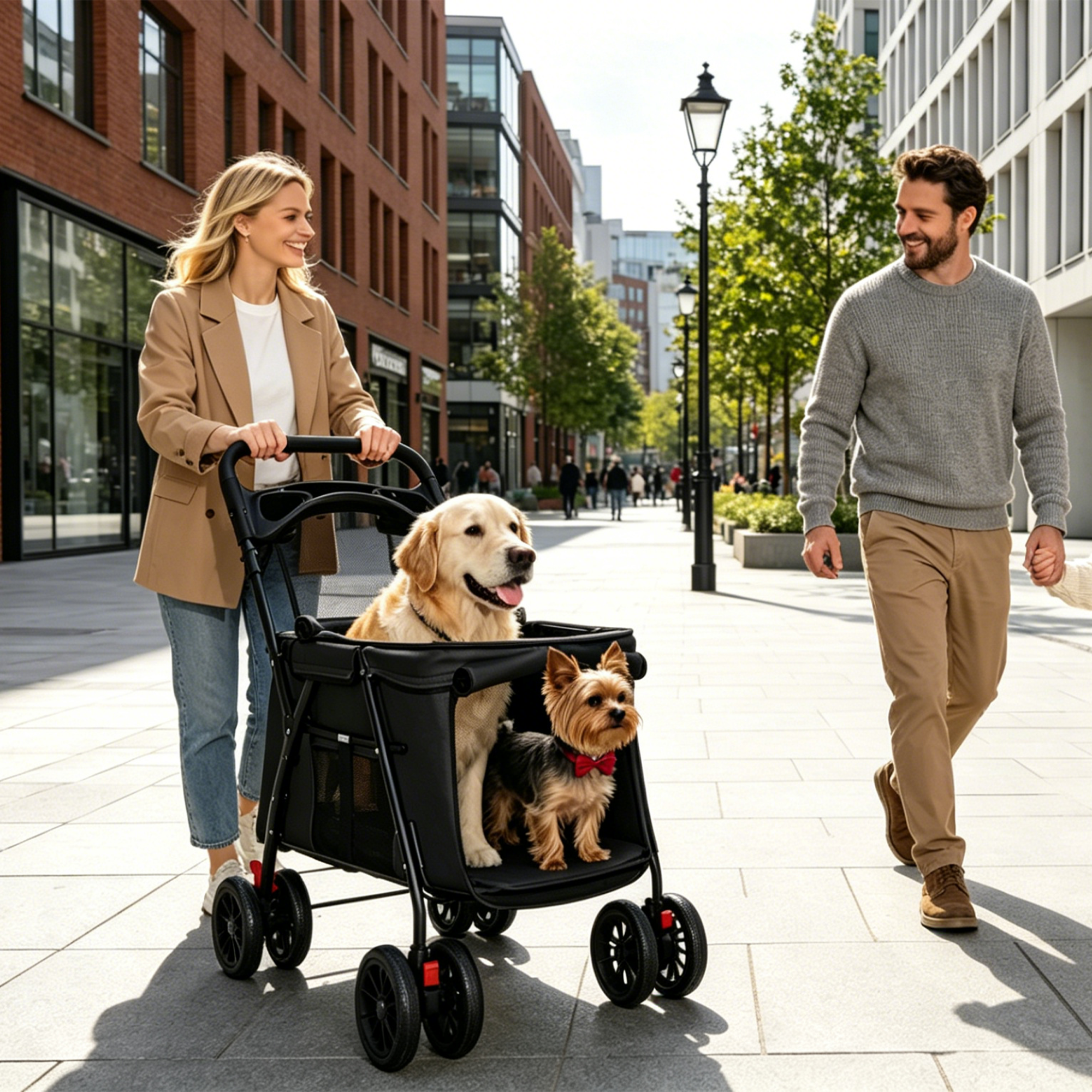 Carril de Mascotas Plegable 4-Ruedas, Malla Respirable para Perros y Gatos con Ruedas de Choque, Sistema de Freno, Plataforma de Almacenamiento, 2 Correas de Seguridad Fijas, Espacio Amplio para Pequeños a Medianos Animales, Negro — imagen 6