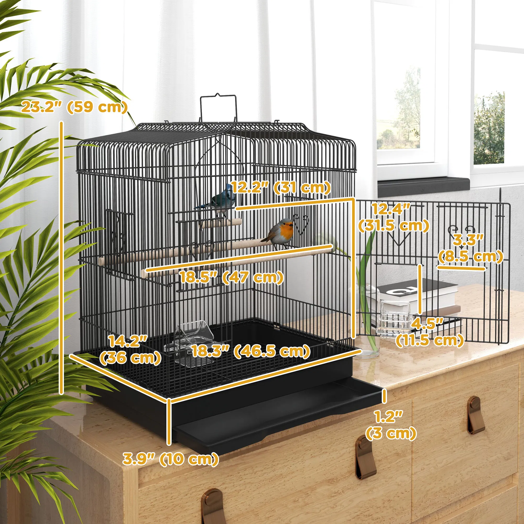 23" Bird Cage, Finches Canaries, Parrot Cage with Doors Perches, 2 Feeder Pet Supplies, Black — image 6