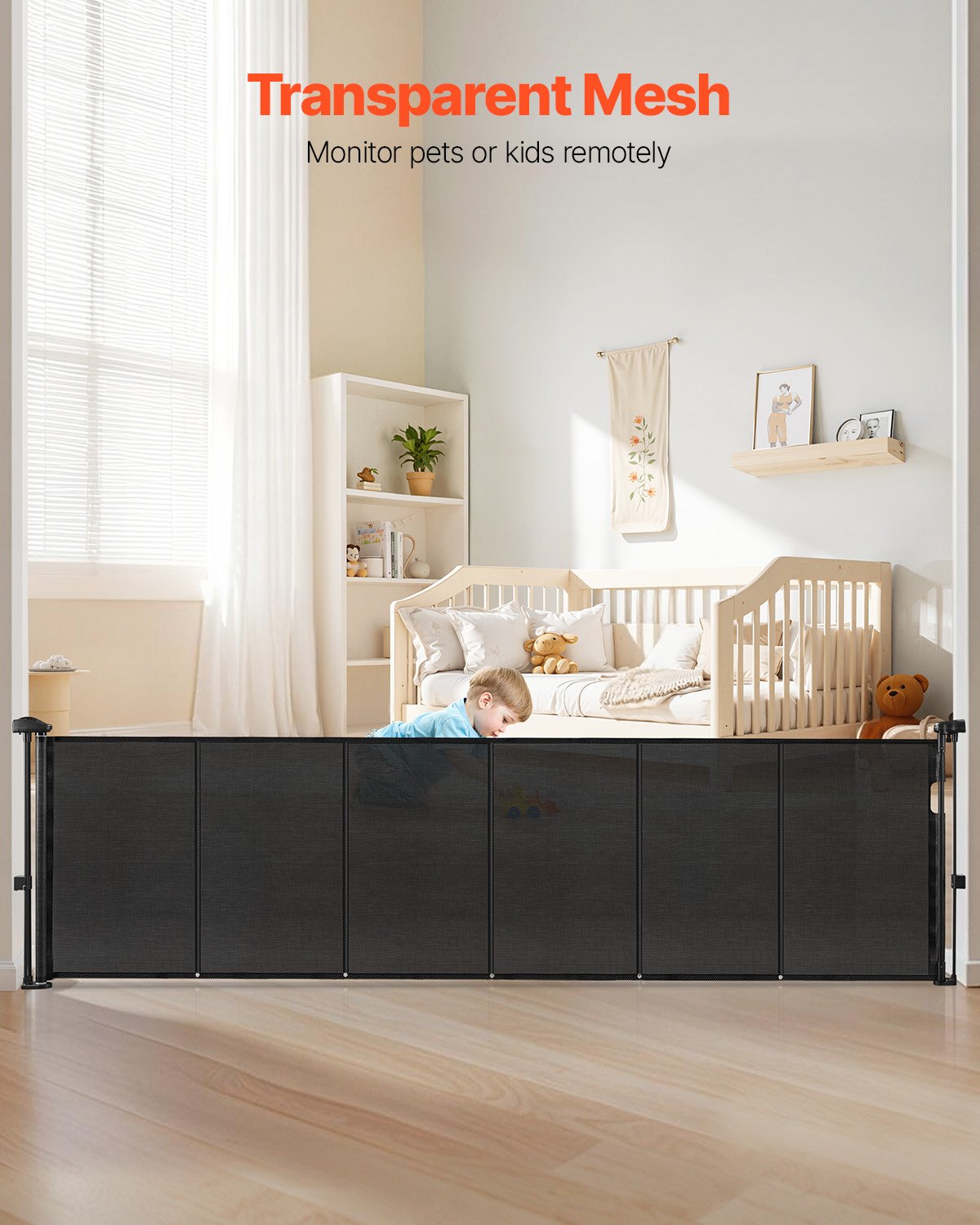 Puerta Retráctil para Niños o Mascotas, 86 cm de Alto, Se Extiende Hasta 279 cm de Ancho, Puerta Retráctil Fácil de Instalar para Escaleras, Pasillos, Dormitorios, Materiales de Red, Color Negro — imagen 5