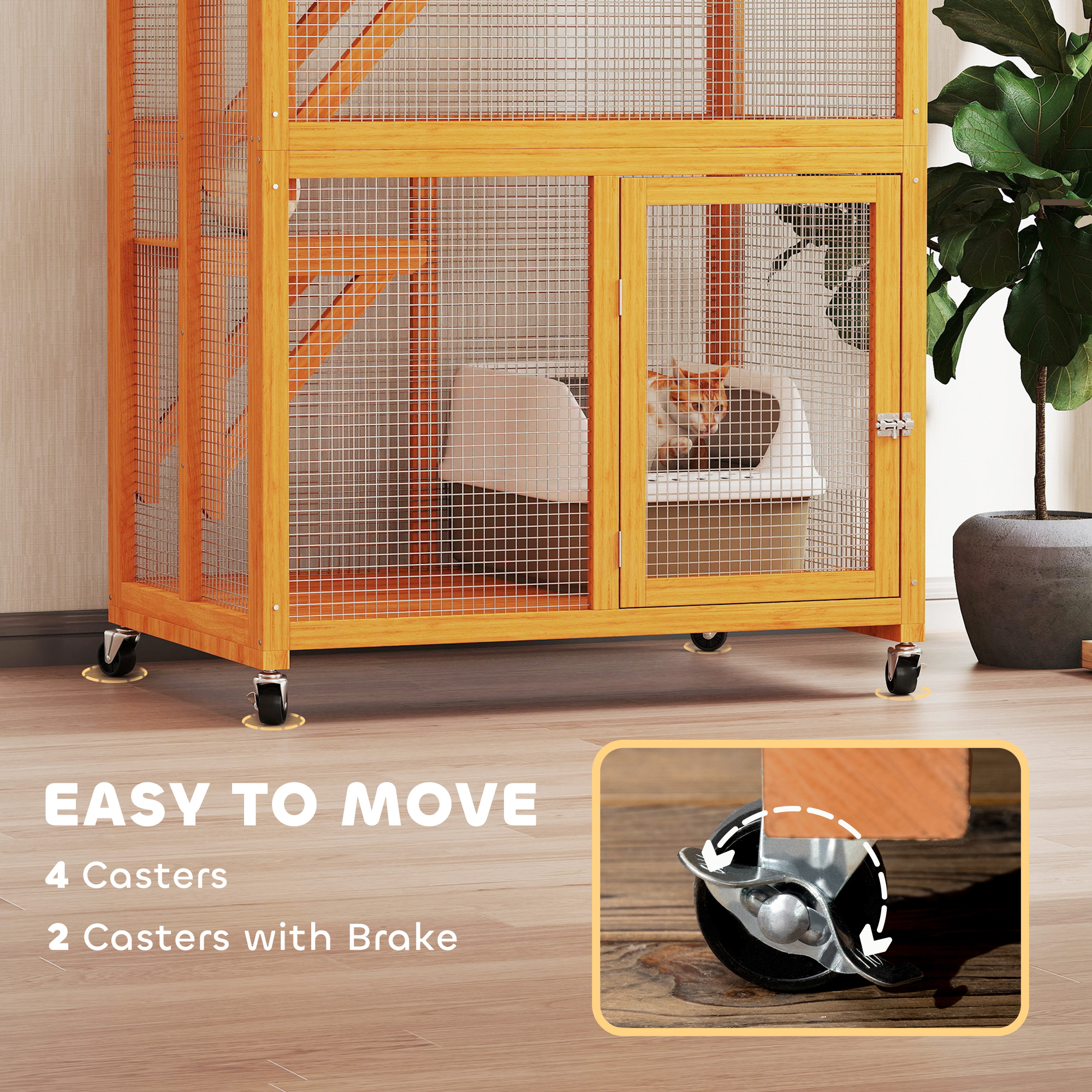 Casa de Madera Externa para Gatos de 74" con Ruedas, Color Naranja — imagen 8