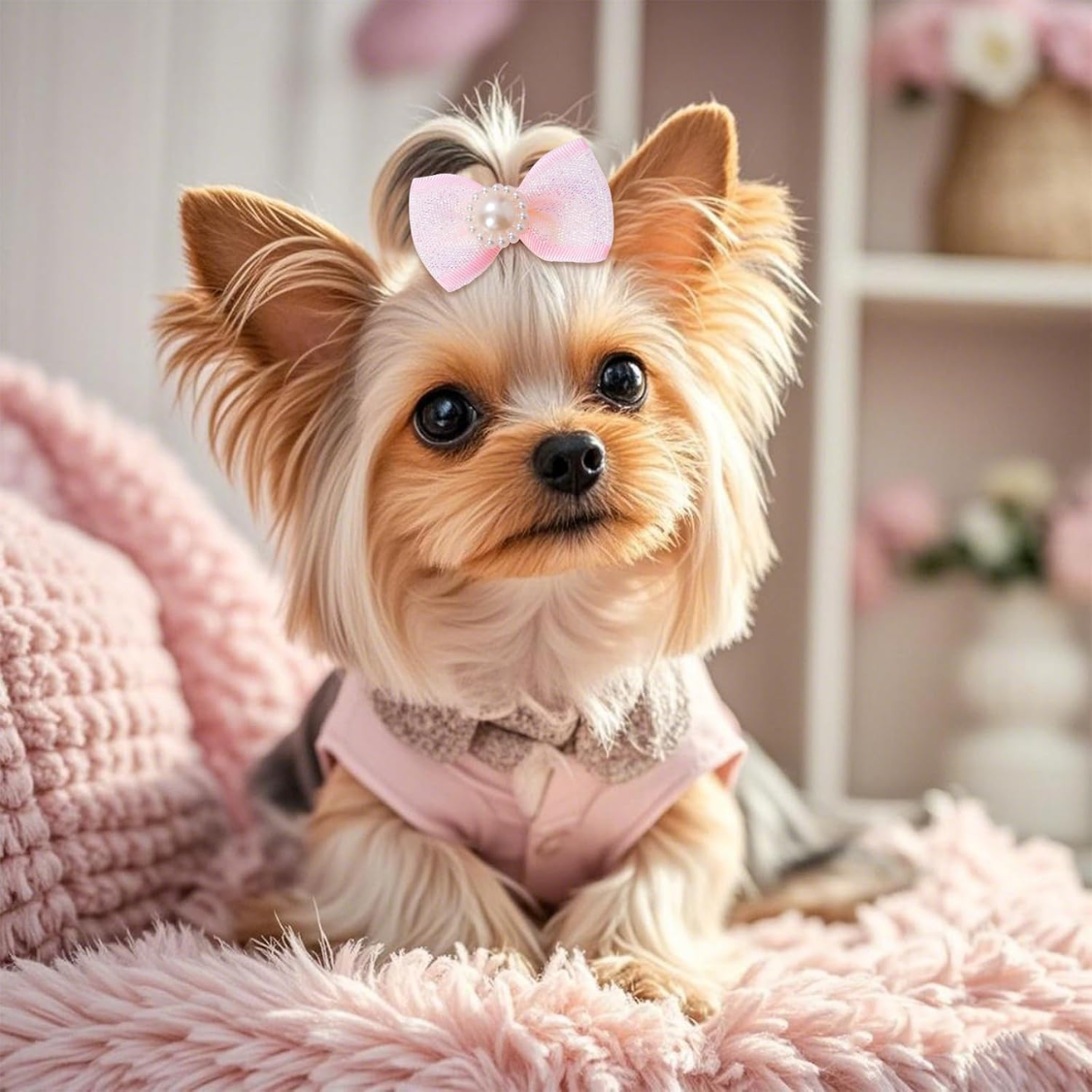 20 Piezas de Lindos Moños para Perro con Ligas Elásticas, Hechos a Mano, Estilos Variados con Encaje, Diamantes de Imitación y Perlas, para Cachorros, Gatos y Mascotas Peludas — imagen 4