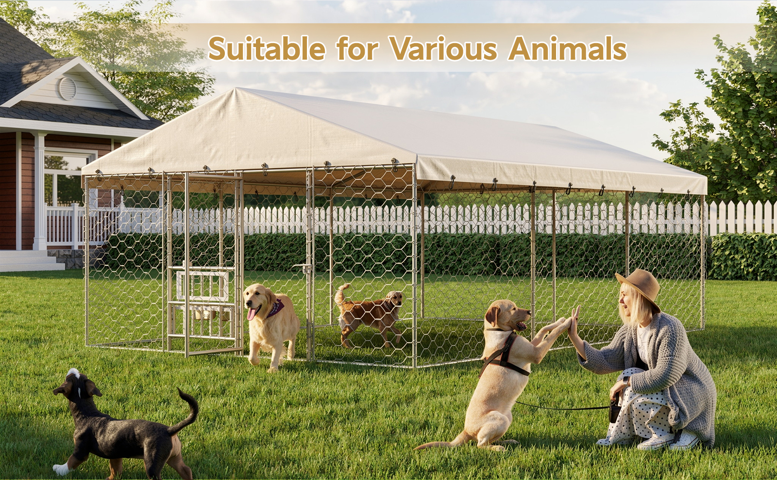 Jaula al aire libre grande para perros con techo, estructura de acero galvanizado resistente, cubierta impermeable, platos de alimentación elevados integrados, jaula de juego segura y cerrada para perros grandes y múltiples animales — imagen 10
