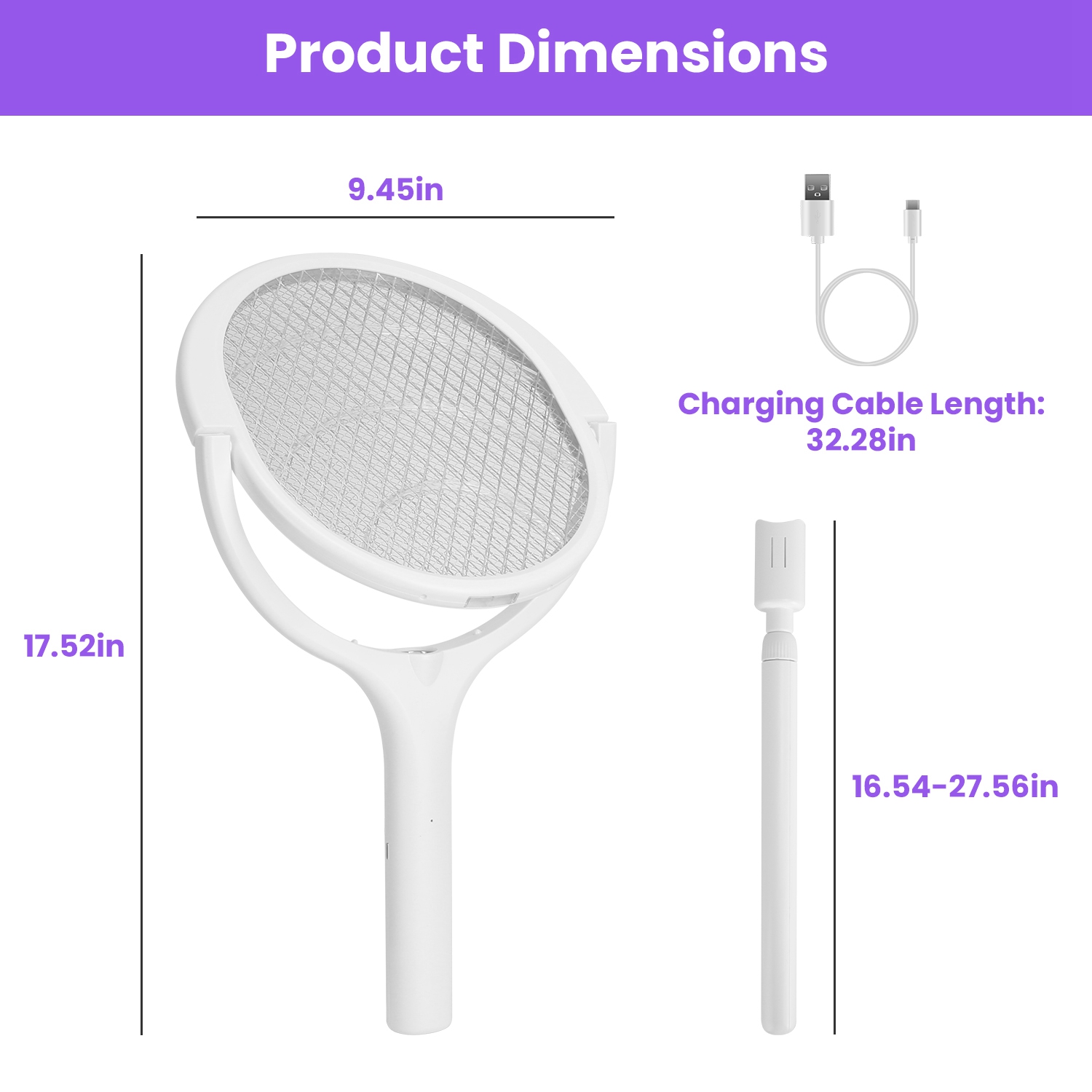 Raqueta Matamoscas Eléctrica 3 en 1 con Cabezal Giratorio de 90 Grados, Mata Mosquitos de Mano para Interior y Exterior con Vara de Extensión Telescópica — imagen 10