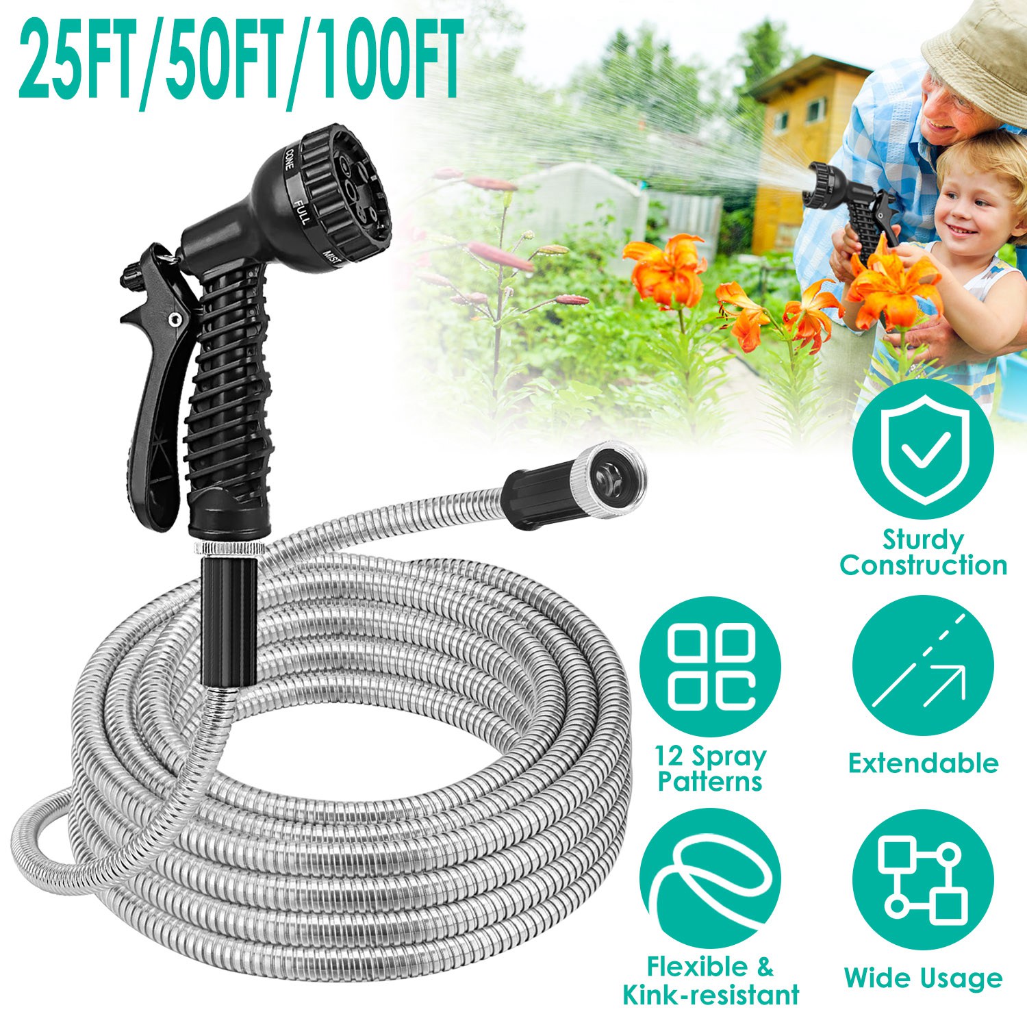 Manguera de Jardín de Acero Inoxidable Ultra Resistente, Opciones de 25FT-50FT-100FT, Kit de Riego con Manguera Metálica, 2 Boquillas, 12 Patrones, Flexible, Extensible, Resistente a Nudos, Enredos y Punciones, a Prueba de Perros — imagen 5