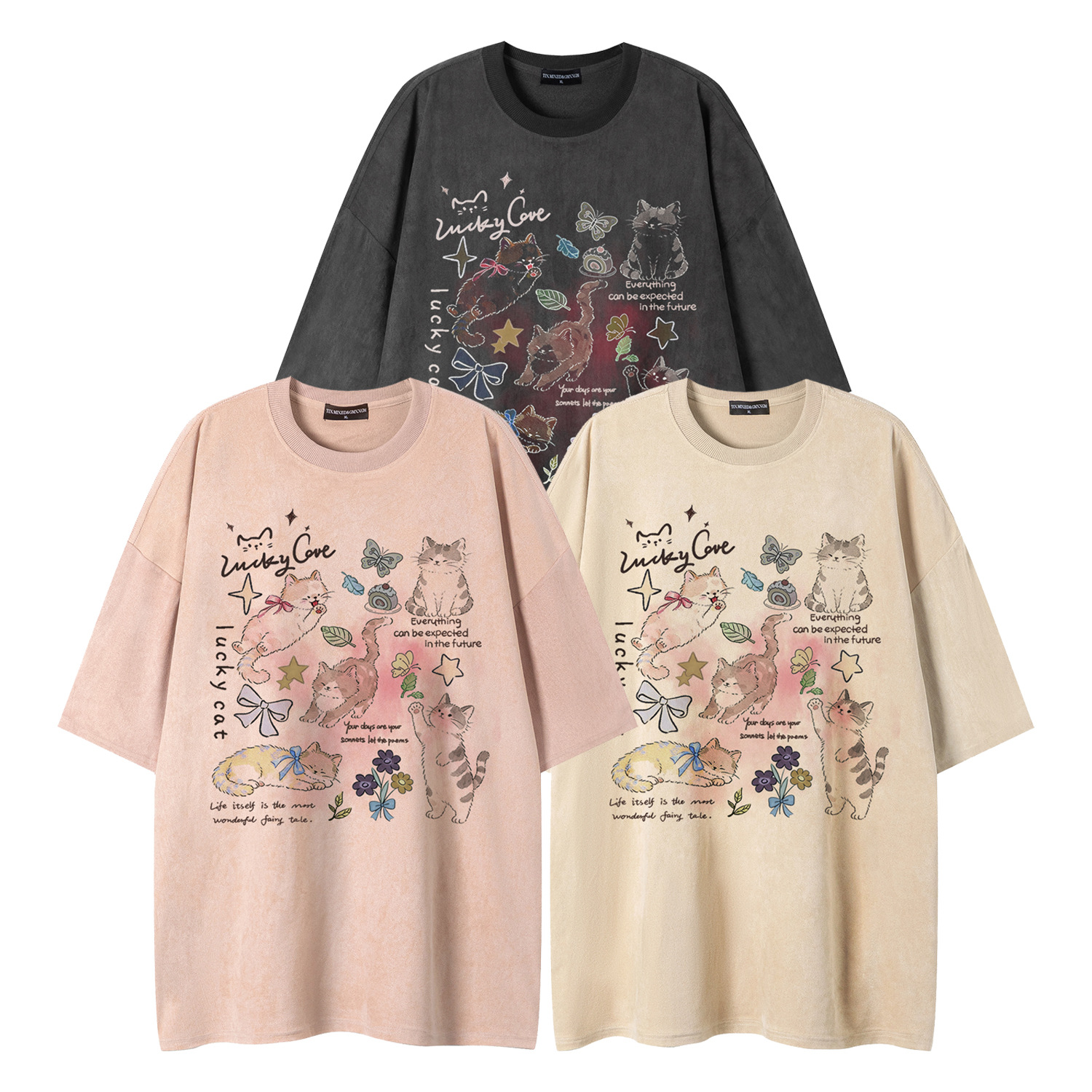 Camiseta corta manga con estampado de mariposas y rayas del gato — imagen 6