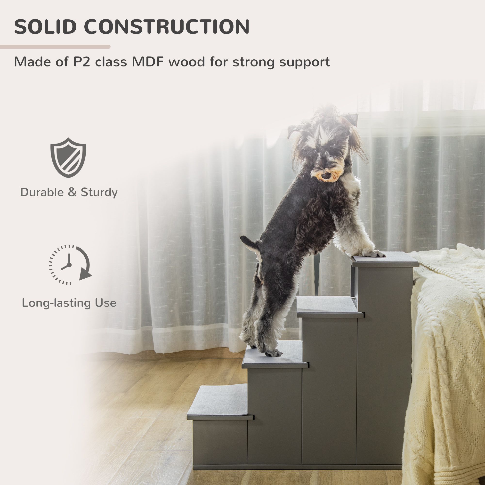 Peldaños para Mascotas, Escaleras para Perros Pequeños con Cubierta de Algodón Removible para Sofá y Cama, 15.75" x 23.25" x 21.25", Gris — imagen 2