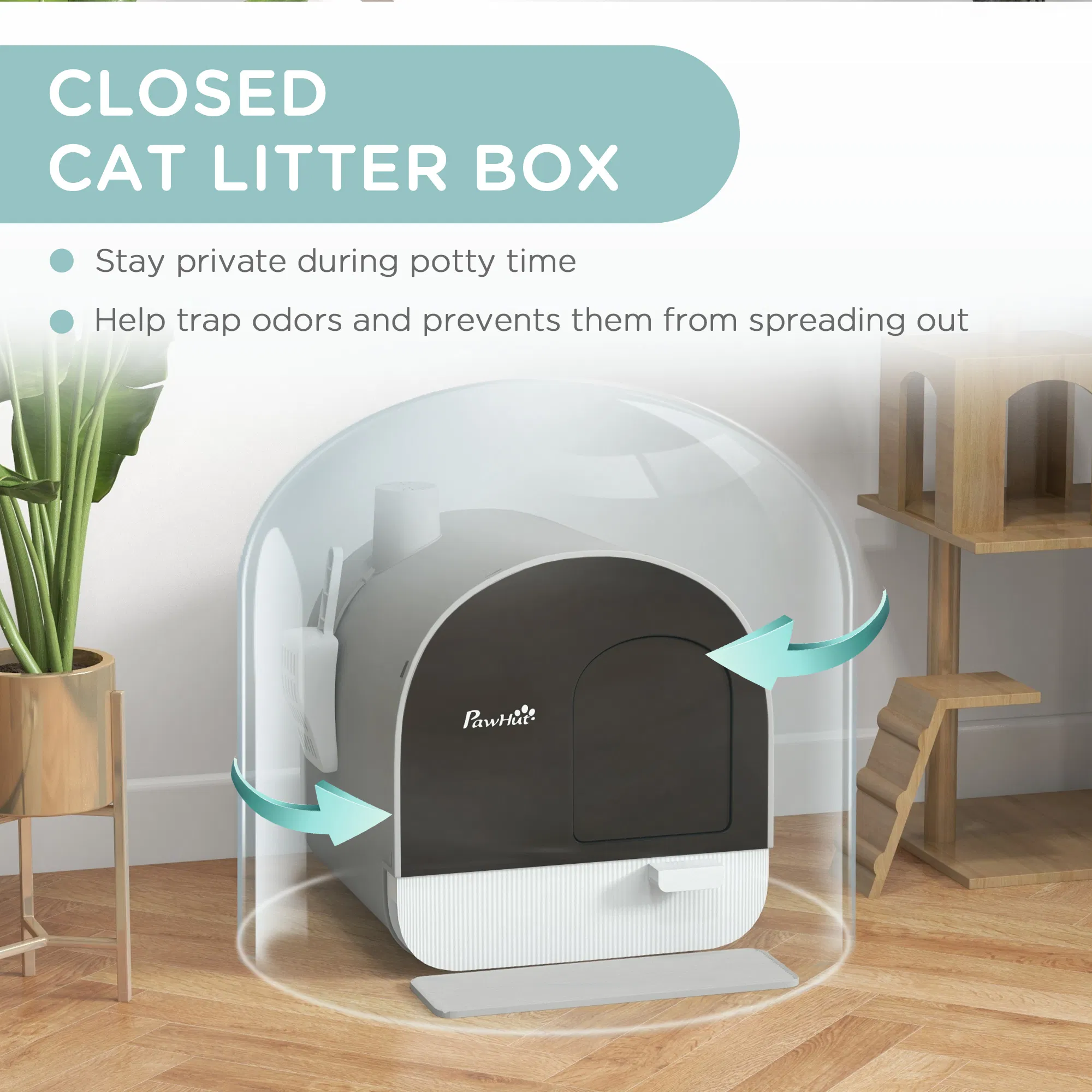 Cat Litter Box with Lid, Removable Tray, Scoop, Filter, Light Grey — image 4