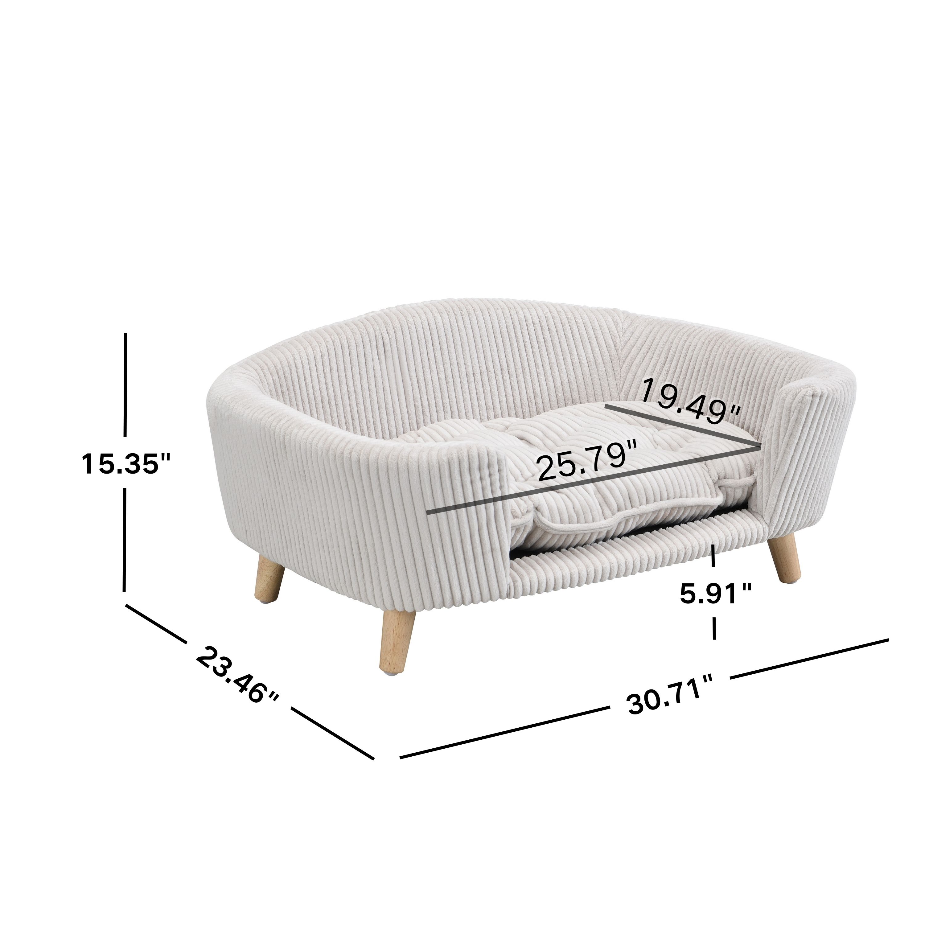 Elevated Dog Bed Frame for Small Dog, Corduroy Pet Couch Bed with Rubber Wood Legs and Supportive Foam, Beige, Easy Assembly — image 9