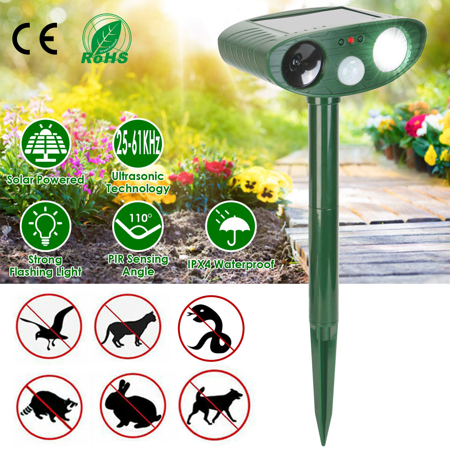 Repelente de Animales Solar con Sensor PIR y Luz Parpadeante IPX4 Resistente a Agua para Perros, Gatos, Serpientes, Conejos, Ardillas, Ratas, Mapaches, Liebres, Zorros y Cérvidos — imagen 11