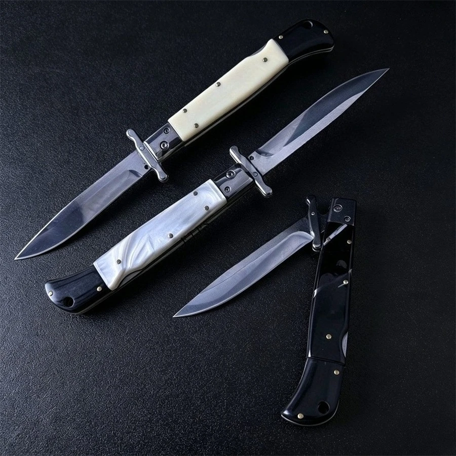 EDC Folding Knife Satin Flat Blade Safety Lock Knife Manually Opened for Daily Use, Three Color Handle with Leather Knife Cover — image 1