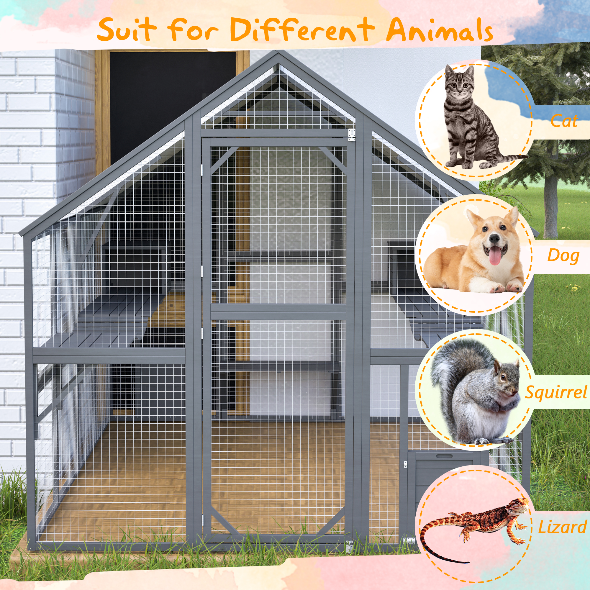 Extra Spacious Catio Outdoor Cat Haven, 110 Inch Luxury Cattery With Weather-Resistant Roof, Cat Climbing Ramp, Space Pod Bed, 2 Lounging Huts — image 3