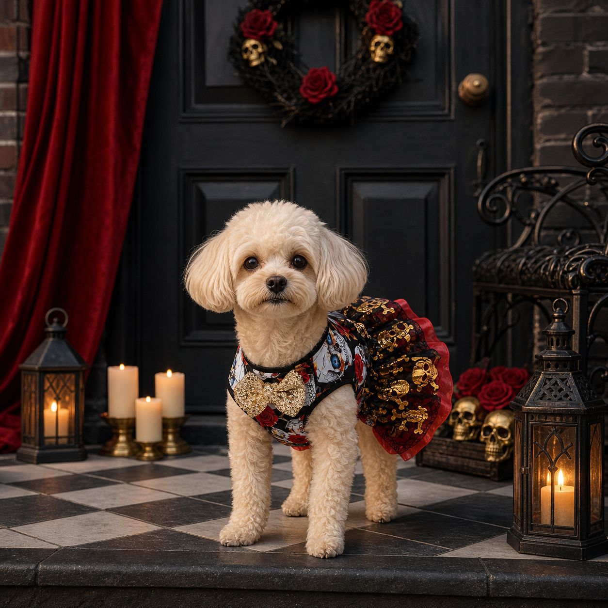 Ropa de Halloween para Mascotas de Otoño e Invierno, Vestido de Princesa de Organza con Calaveras Doradas para Teddy, Bichón y Maltés — imagen 3