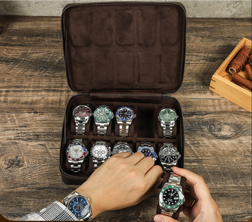 Rectangular Handmade Crazy Horse Leather Watch Box, 10-Slot Watch Display Organizer Travel Storage Case — image 6