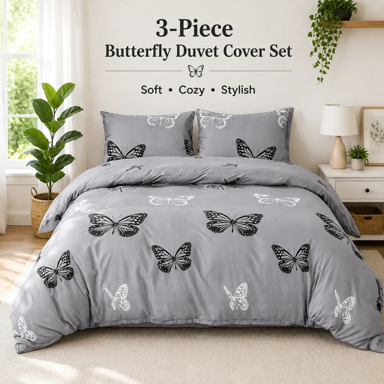 3Pcs Gray Butterfly Duvet Cover Set Soft Bedding Set with Pillowcases, Black White Butterfly Bed Cover for Girls Teens Queen King Twin Full — image 1
