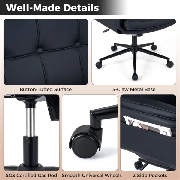 Silla Cruzada con Reposabrazos Ajustable en 5 Posiciones, Silla de Escritorio Giratoria de Cuero Resistente a Rasguños de Gato con Bolsillos Laterales — imagen 2