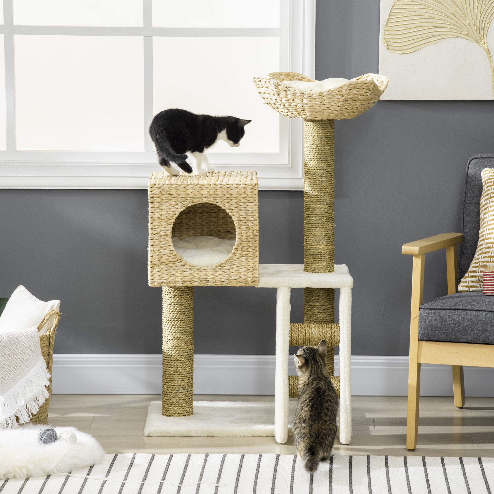 Árbol de Gatos para Interior con Cattail: Torre con Condo de Rattán, Camita de Juncal, Escalera y Cojines Limpiables, 22.5" x 14.5" x 39.5", Natural — imagen 1