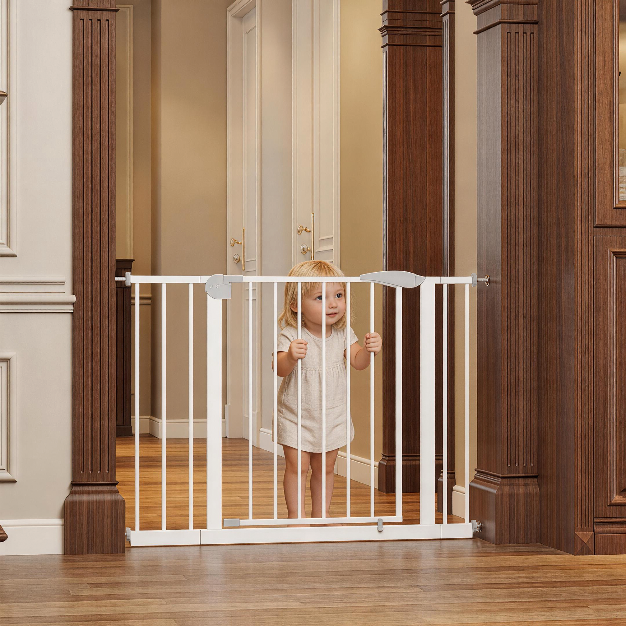 2 Pack 29.5-44.1" Wide Baby Gate for Stairs, Dog Gate Indoor for Doorways, No Drilling Pressure Mounted Pet Gates for Kids, Easy Walk Through Safety Gate, White — image 24