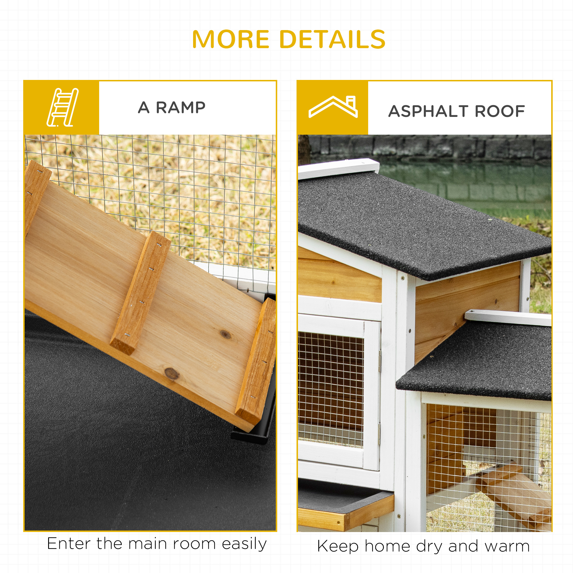 Conejera de Madera de 90.5", Jaula para Conejos, Corral y Casa para Mascotas con Cajas de Corral Laterales Dobles, Bandeja Antifugas, Rampa, para Conejos, Gallinas, Patos, Cobayas y Pequeños Animales, Blanco — imagen 3
