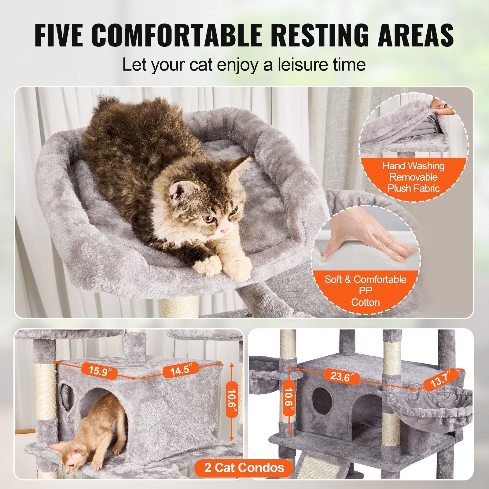 Árbol para Gatos de Interior, 68,5" Torre para Gatos con 2 Condos, Palo de Escarificar de Sisal, Hamacas, Perchas Superiores y Plataformas de Salto con Rampita, Centro de Actividad para Gatos con Pelotas Colgantes Gris Claro — imagen 2