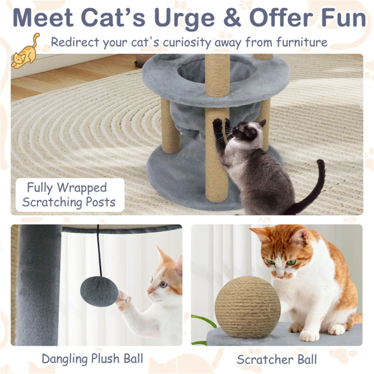 47" Cat Tower with Scratching Posts - Multi-Level Cat Tree for Relax & Play, Light Grey — image 4