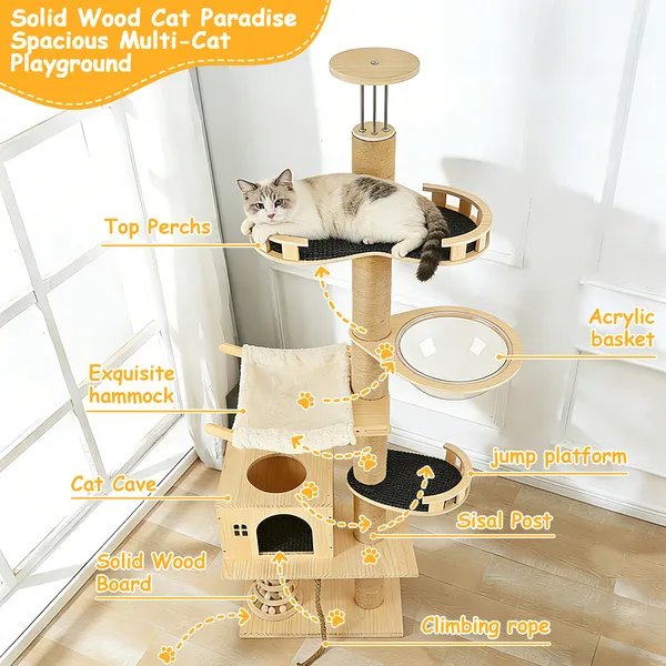 Árbol de Gatos de Piso a Techo, 6 Niveles con Altura Ajustable, Postes de Rastrillado Espesados, Centro de Actividad para Gatos con Capsula Transparente y Hammock Acogedor — imagen 4