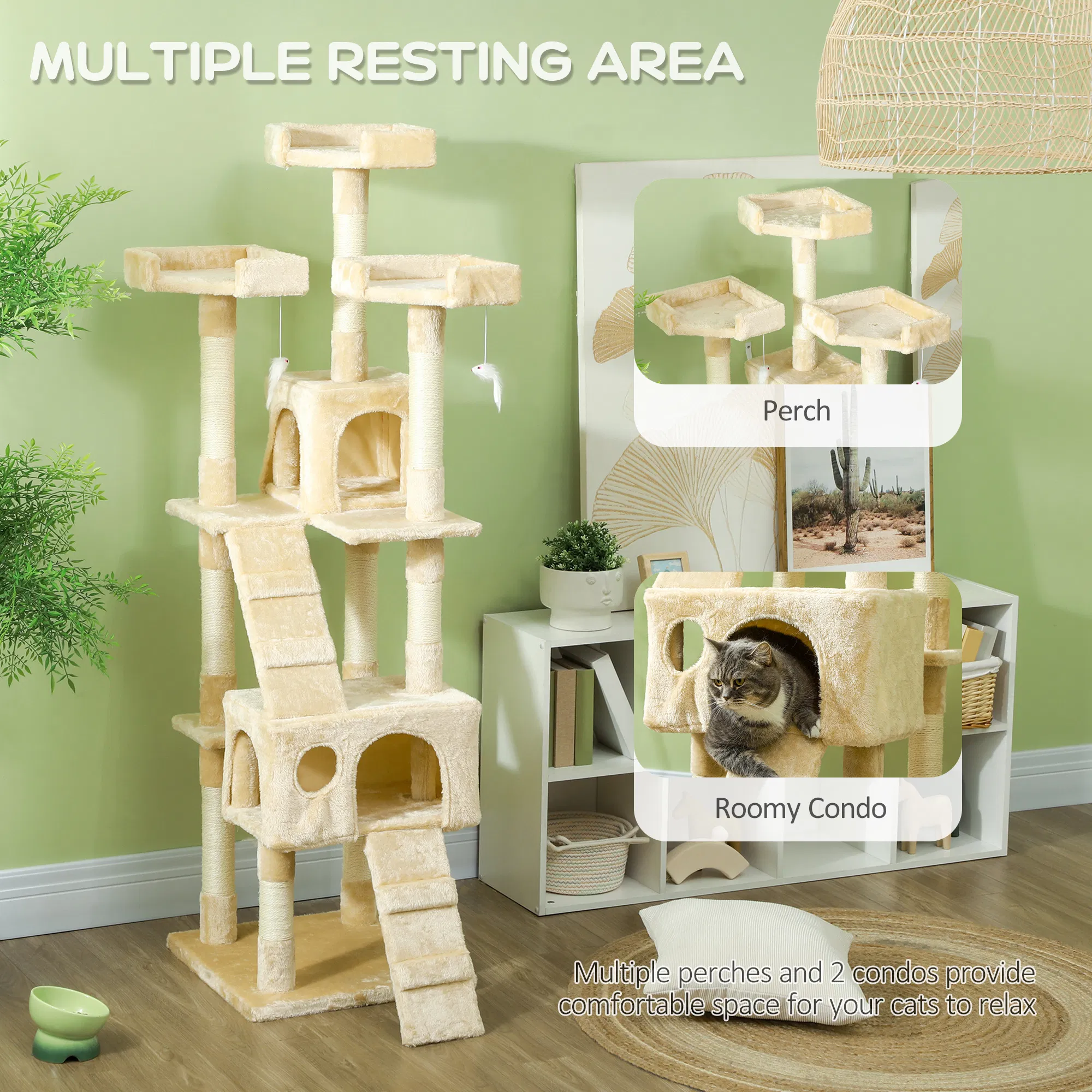 68-inch Multi-Level Cat Scratching Tree Kitty Activity Center Post Tower Condo Pet Furniture w/ Toy Beige — image 3