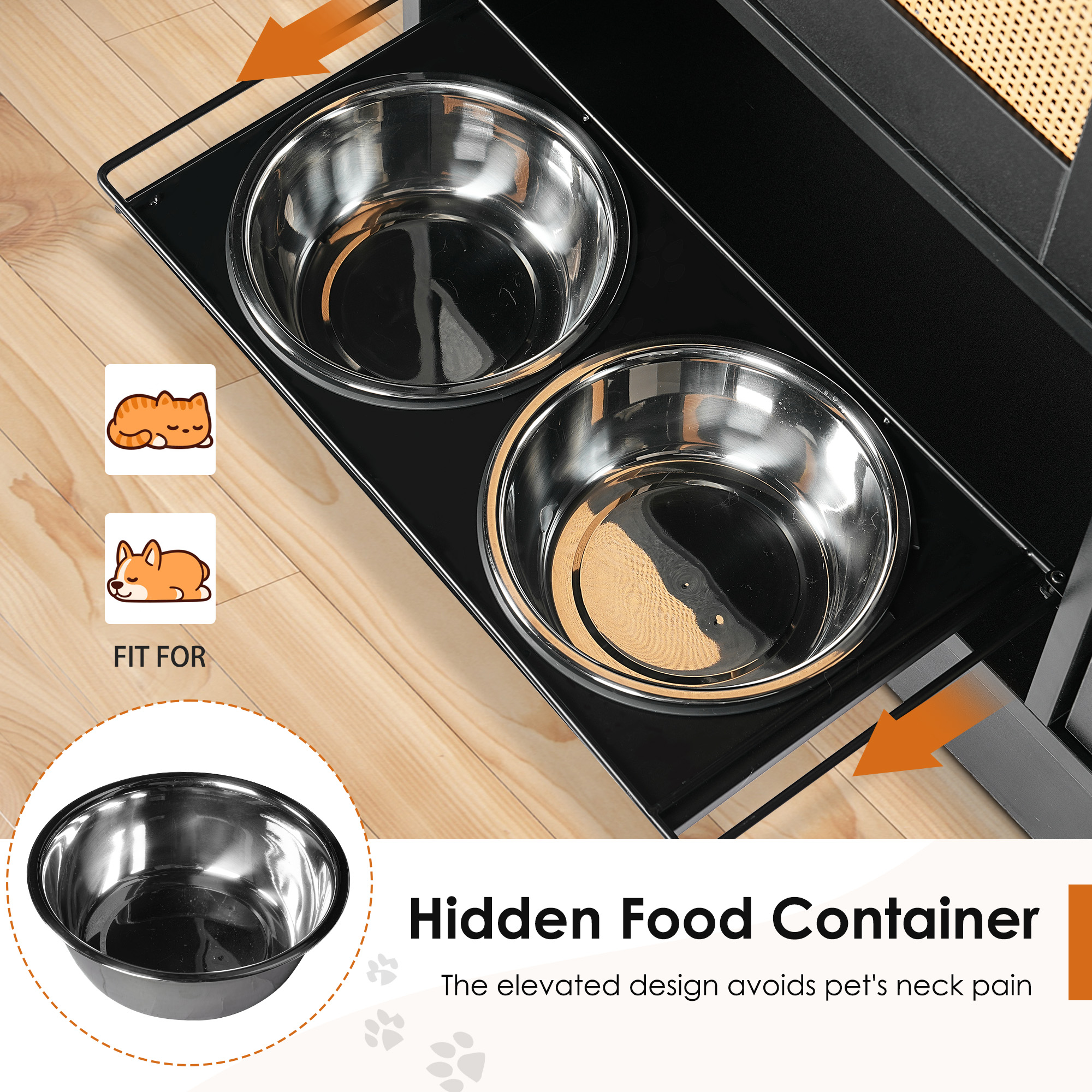 Feeding station with 2 lockers, pet feeding station with 2 elevated dog bowls, side hooks, anti-tipping kit, hidden pet feeding station for feeding and watering, rattan door, black — image 2