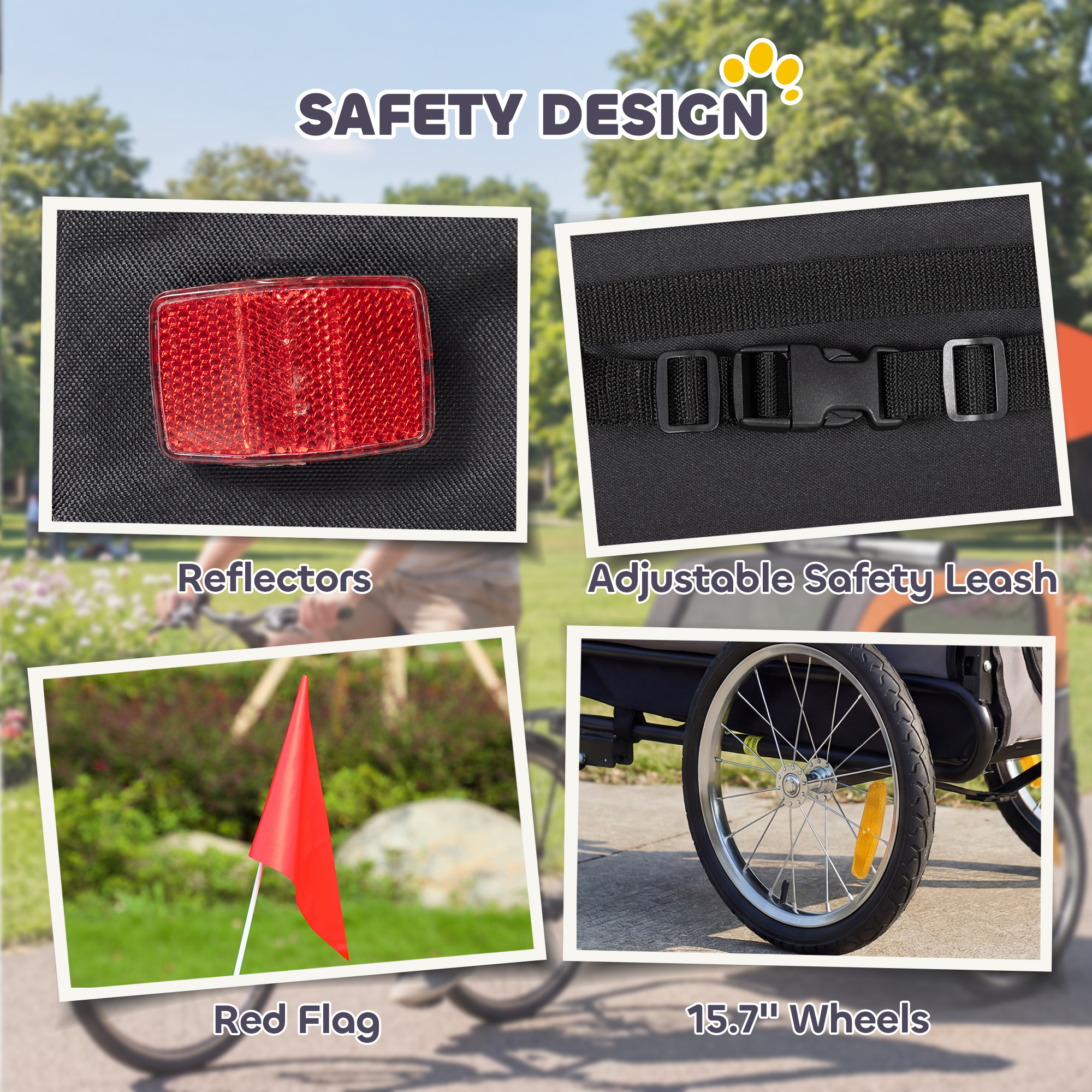 Remolque para Perros de Bicicleta, Carrito de Mascotas con 2 Entradas, Ruedas de Liberación Rápida, Reflectores, Bandera y Cuerda de Seguridad — imagen 4