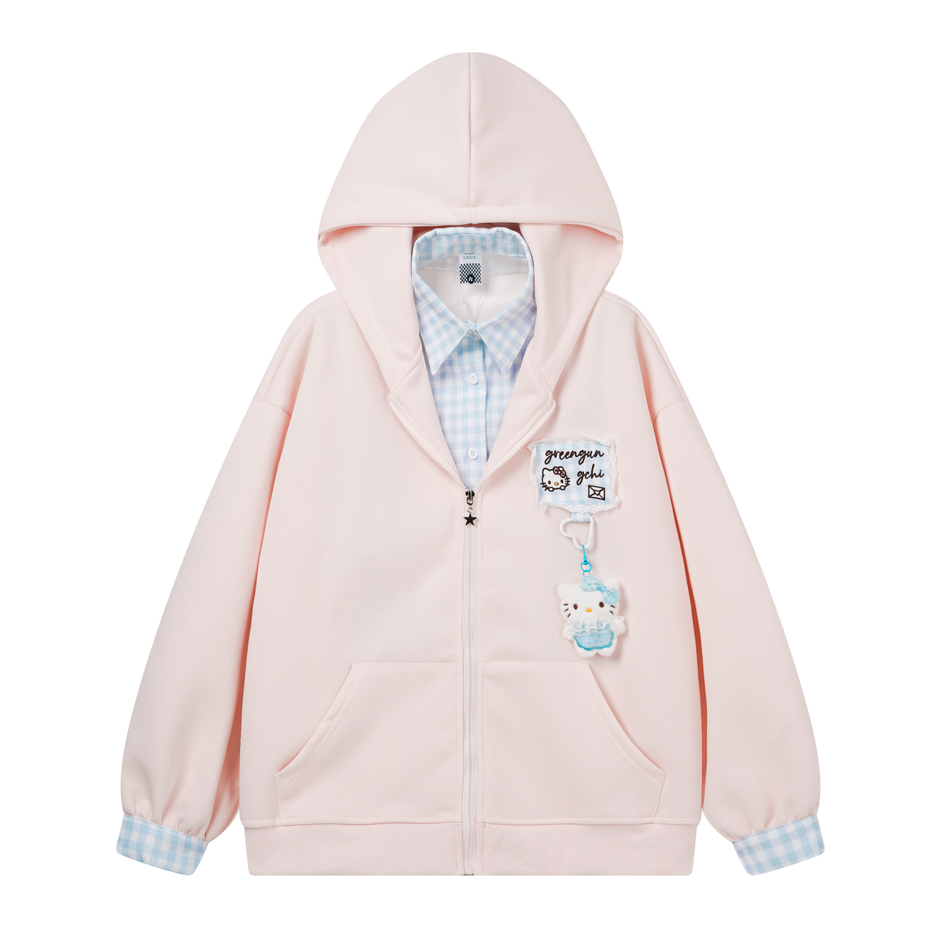 Cute Plaid Patchwork Hooded Sweatshirt with Cat Charm, Fake Two-Piece Cardigan Design — image 3