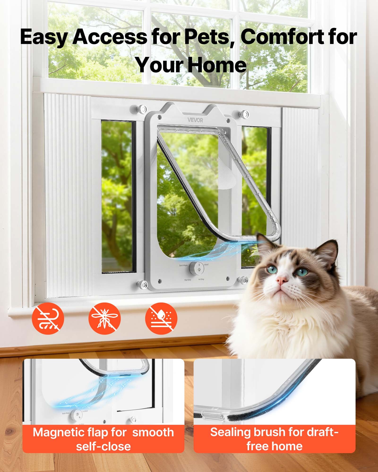 Puerta para Gatos en la Ventana, Ajustable 23"-28", 4 Modos de Bloqueo Seguros, Estructura de Aluminio y Vidrio de Alta Transparencia, Cierre Magnético, Puerta Rápida para Perros que Resiste el Clima, Blanco — imagen 2
