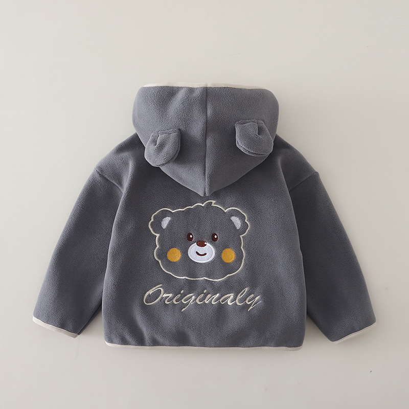 Kids Autumn Winter Fleece-Lined Bear Print Hoodie Top — image 4