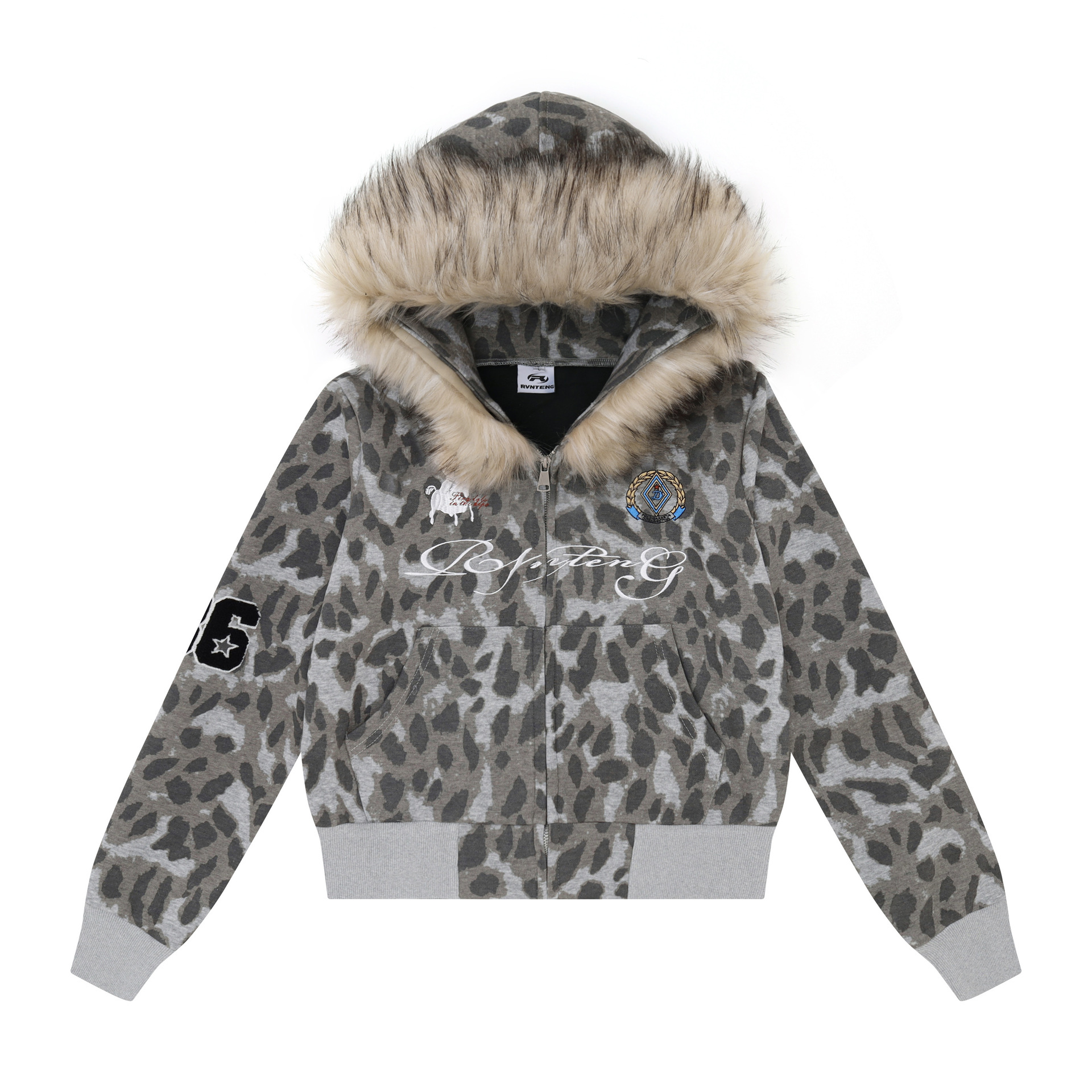 Leopard Print Zip-Up Jacket Short Hooded Coat with Detachable Fur Collar — image 2