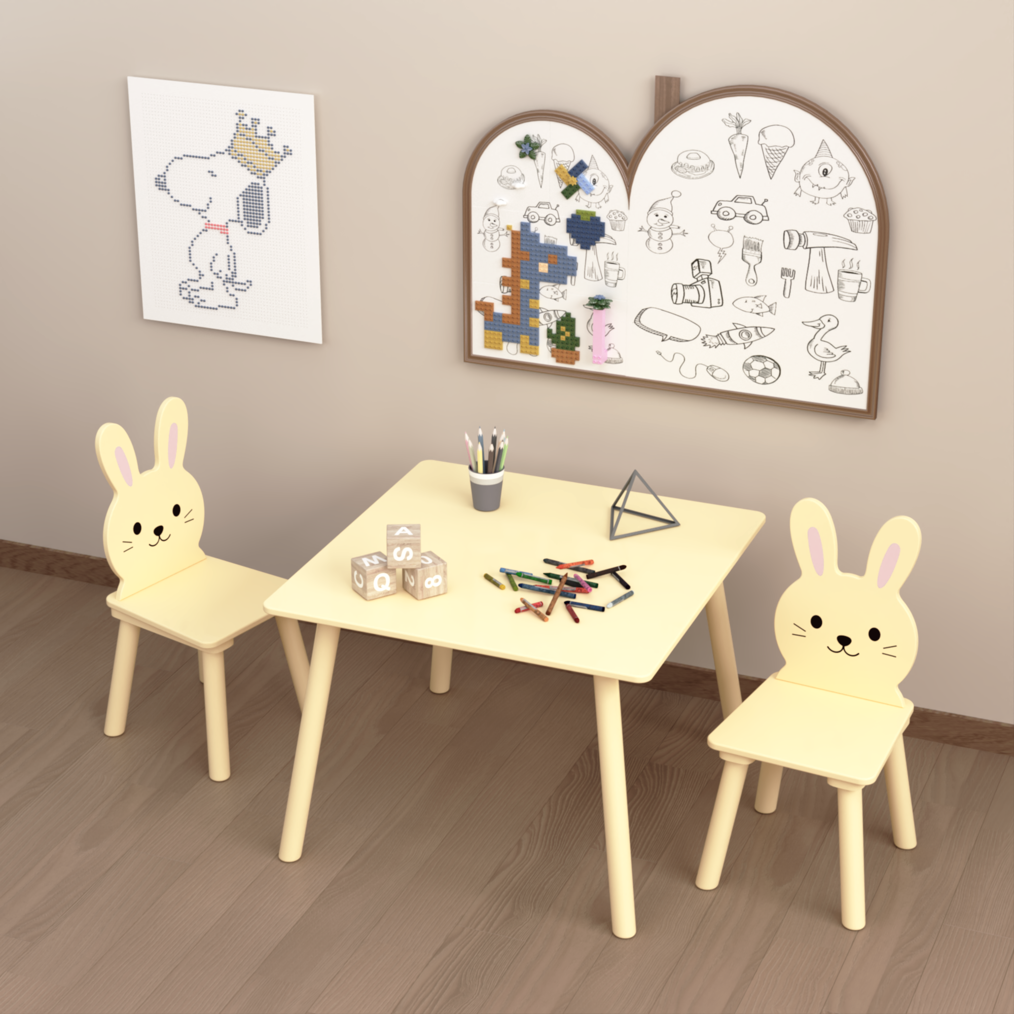 Conjunto de Mesa y Silla para Niños con 2 Sillas de Conejo, Mesa de Actividades de Madera para Bebés con Diseño Animales Adorables para Habitación de Juegos, Dormitorio o Aula - Amarillo Crema — imagen 2