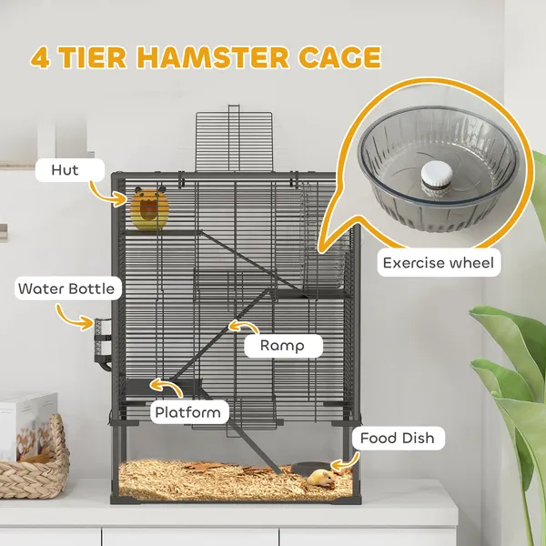 4 Tier Hamster Cage With Deep Tempered Glass Bottom, Running Wheel, Hut, Water Bottle, Food Dish — imagen 3