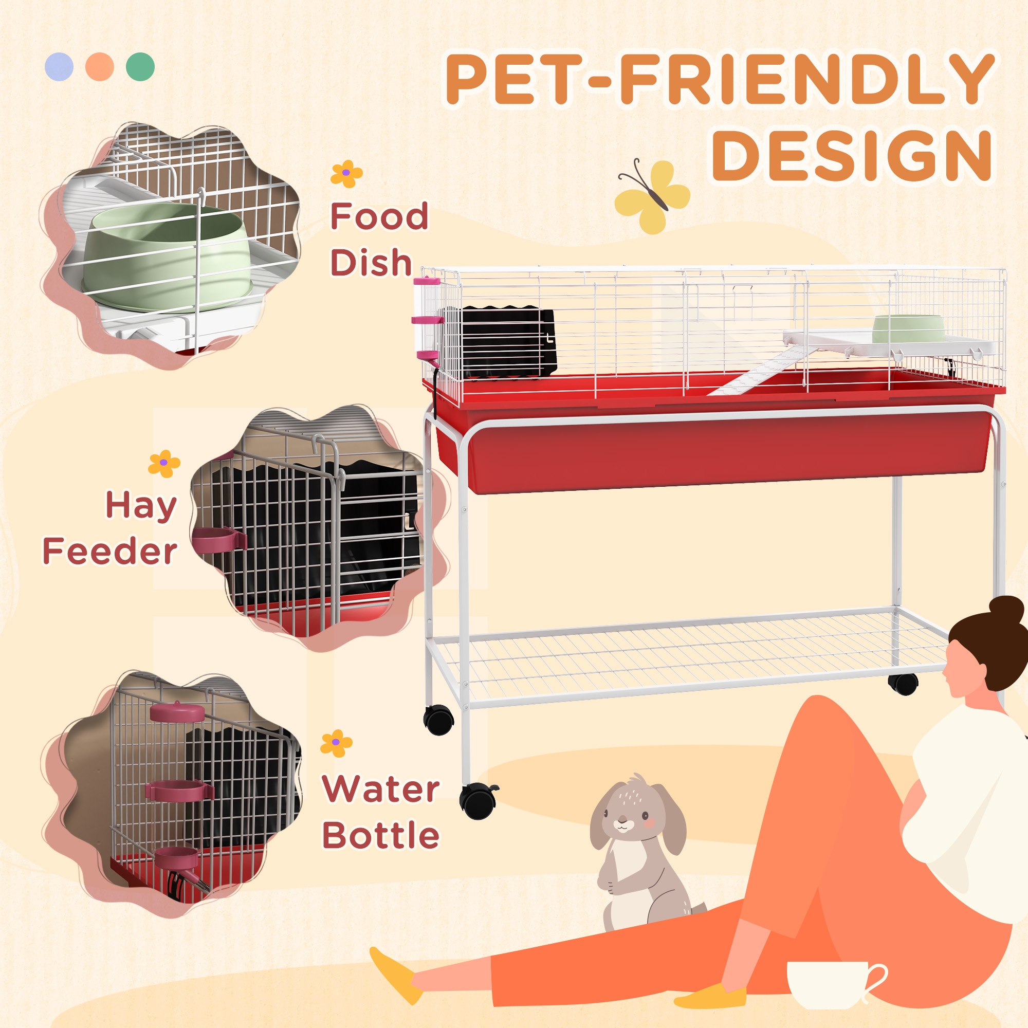 Two-Story Small Animal Cage Removable from Stand, Pet Habitat with Shelf & Wheels, 39" x 20.5" x 36.5", Red — imagen 2