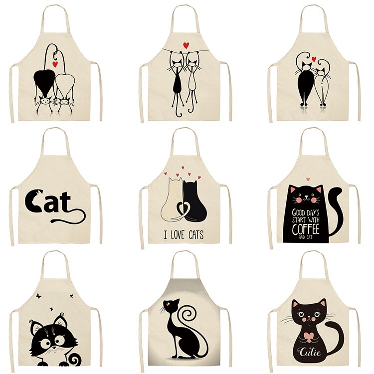 Cat Kitchen Aprons For Women Cotton Linen Bibs Household Cleaning Pinafore Home Cooking Apron kids kitchen barber — image 2
