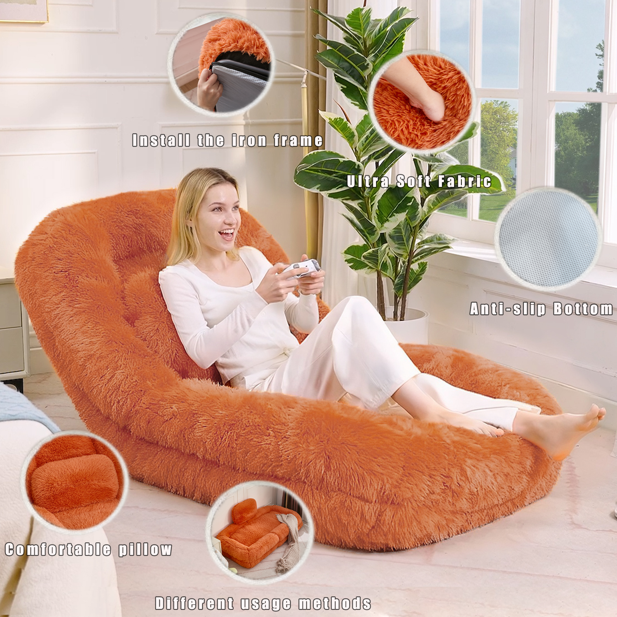 Human Dog Bed, Lazy Sofa, 5-Position Adjustable Convertible, Floor Gaming Chair, bedroom, living room, Suitable for gaming, meditation, relaxation, Plush Fabric, Orange — image 21