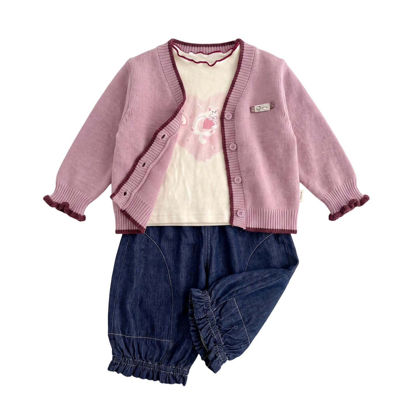Knitted Cardigan, Cat Print Top, and Denim Lantern Pants Outfit — image 1
