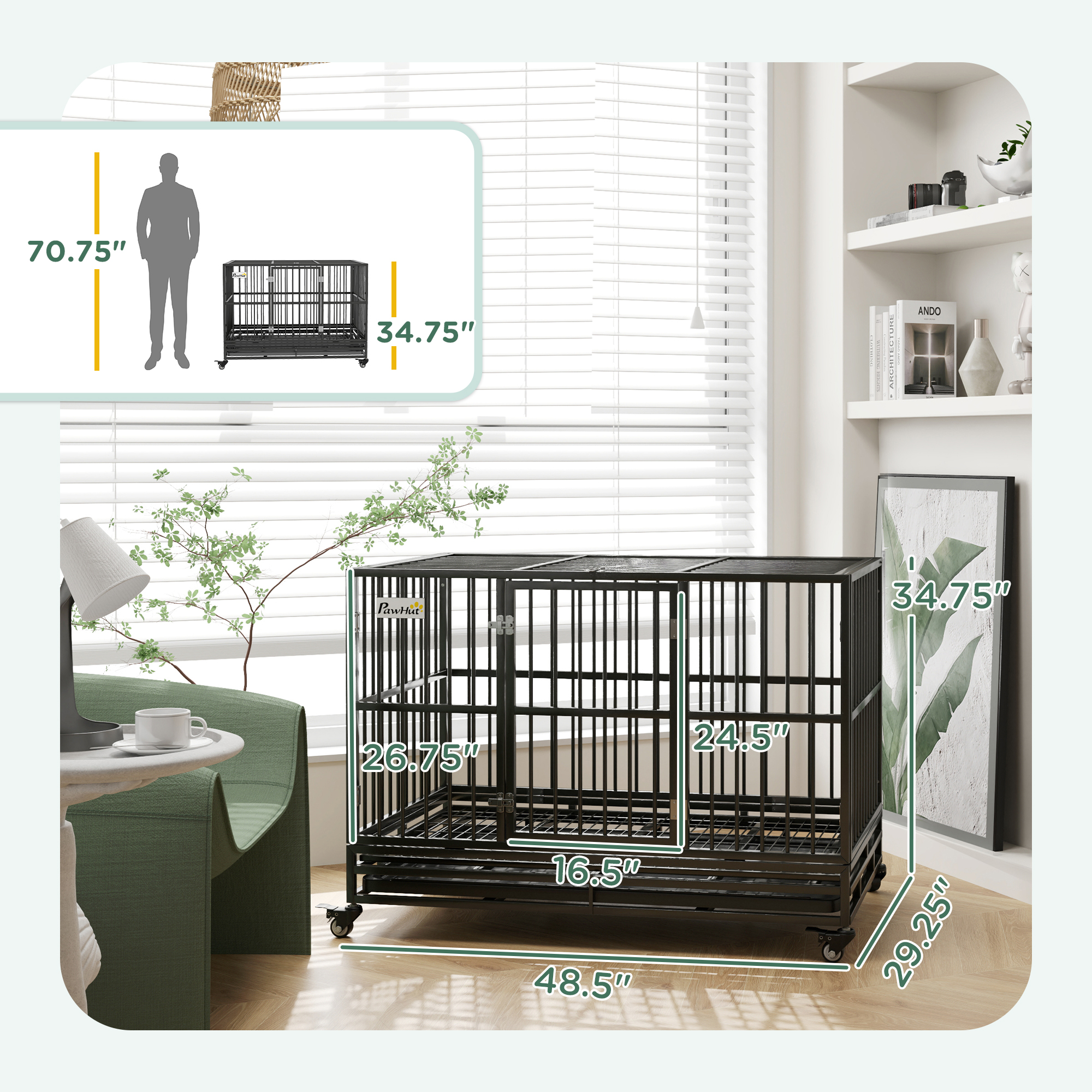 48" Heavy Duty Dog Crate Metal Cage Kennel With Lockable Wheels, Double Door And Removable Tray, Gray — imagen 3