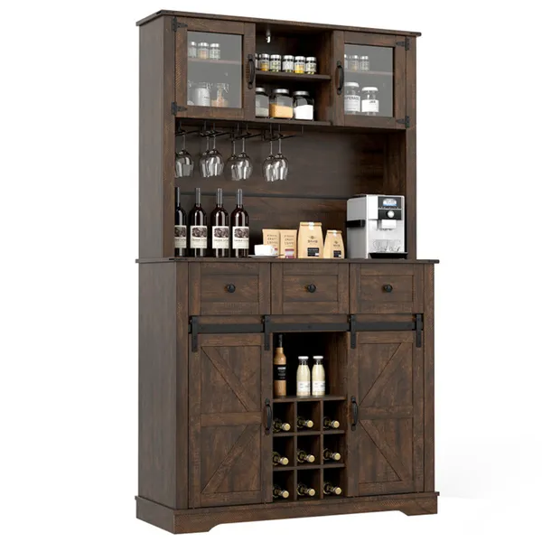 Armario de Pantry Farmhouse marrón de 72" con Hutch, Puertas de Cerradura y Estantería para Vino — imagen 1