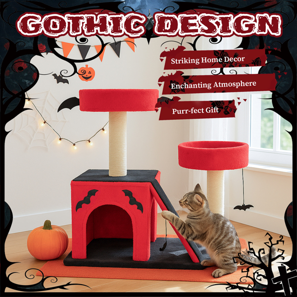 Árbol de Gato Gótico para Halloween - Área de Descanso con Condo Espacioso y Perchas Acolchadas, Postes de Rastrillado y Juguetes de Araña para Gatos Grandes, Rojo y Negro — imagen 3