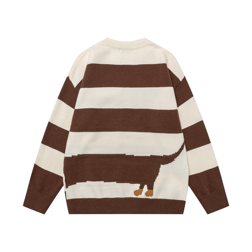 Color blocking striped cartoon dog round neck sweater — image 3