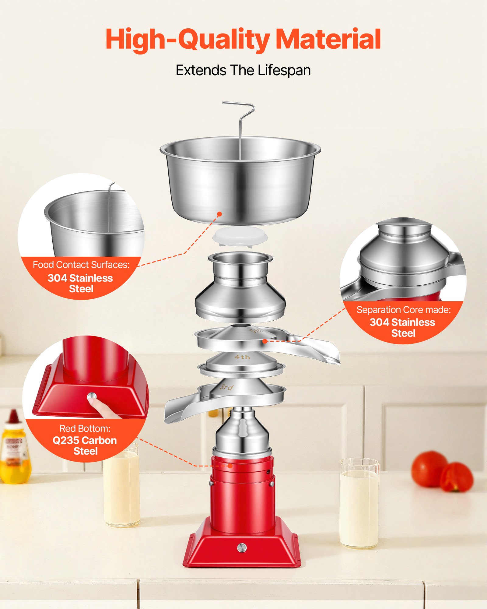 Separador Eléctrico de Leche y Mantequilla, 60 L/h Salida, 10500 RPM Centrifugador de Leche y Mantequilla con Acero Inoxidable 304 para Cabras y Vacas, Capacidad de Cazo 4.5L (40W, 100-240V) — imagen 3