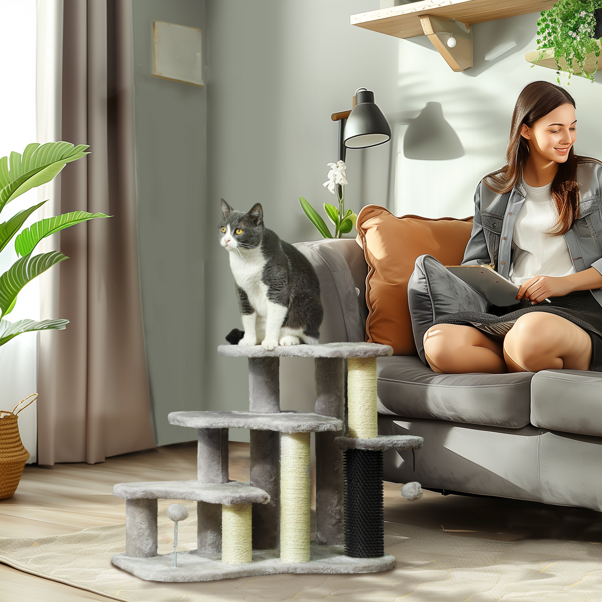 Torre Rascador para Gatos 2 en 1 Escaleras de 3 Escalones con Postes Rascadores, Poste de Cosquillas y Bolas de Juguete, para Camas Altas y Sofás — imagen 1