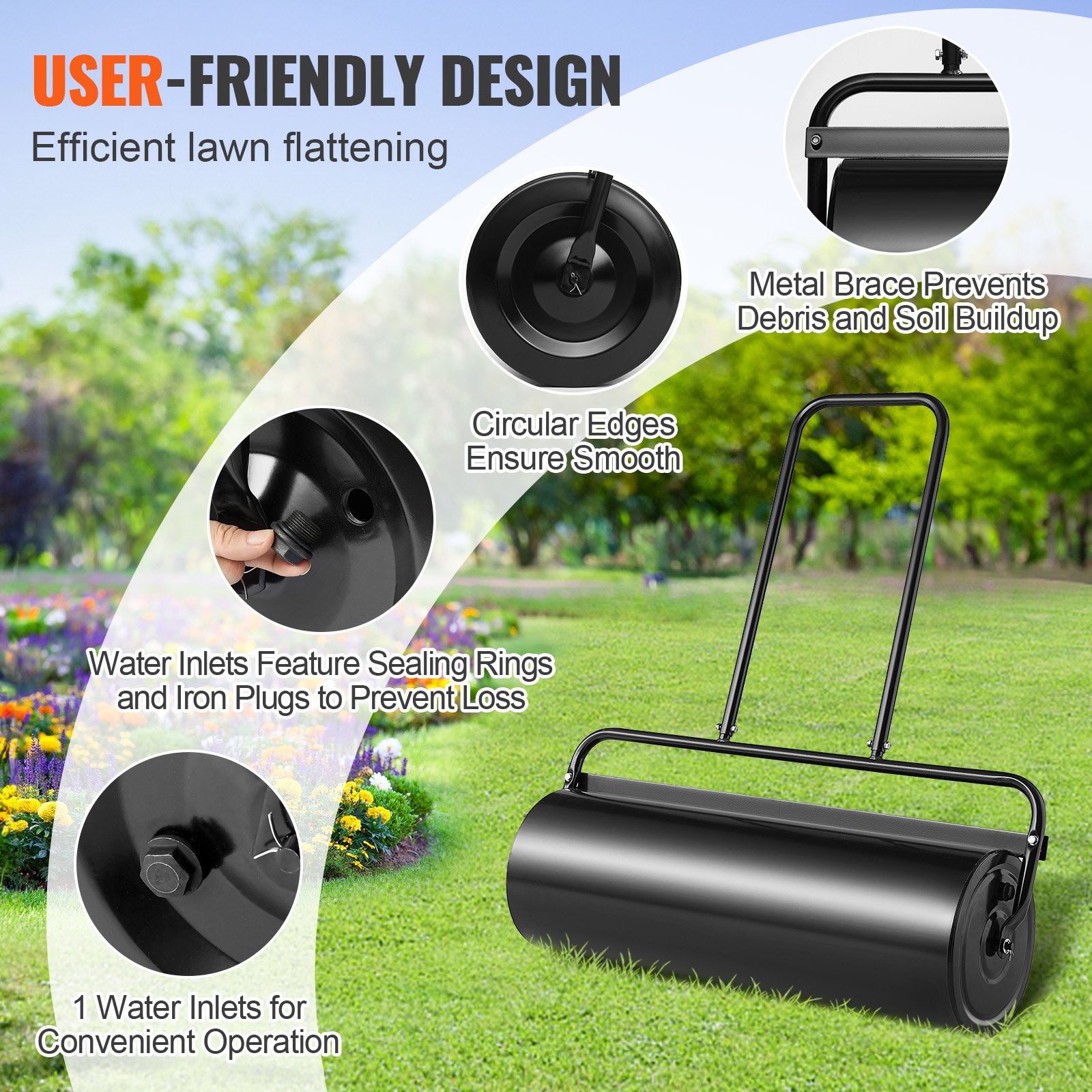 Lawn Roller, 17 Gallon Sand/Water Filled Yard Roller, Steel Sod Roller With Easy-turn Plug And U-Shaped Ergonomic Handle For Convenient Push And Pull, For Lawn, Garden, Farm, Park, Black — imagen 5