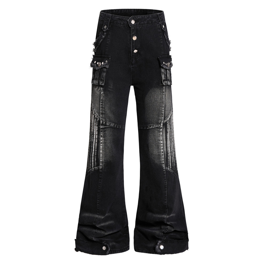Cat whisker frayed distressed washed denim bell bottoms — image 7