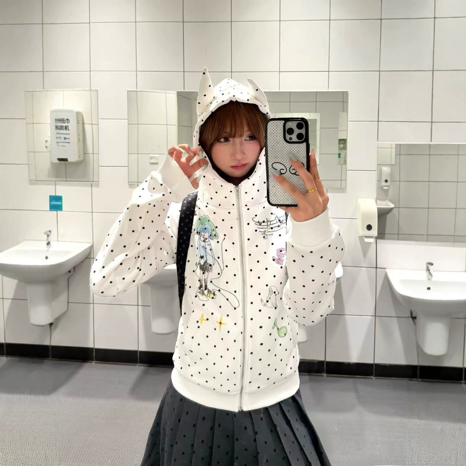 Cartoon Hoodie for Women, Zip-Up Coat with Polka Dot Cat Ears, Fitted Outerwear Trendy Style — image 6