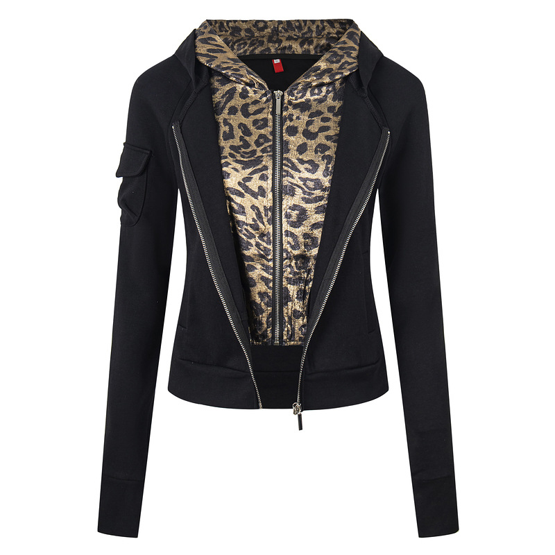 Fake two leopard print hooded slim fit short jackets — image 3